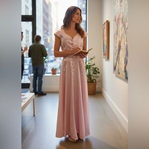 50s HANDMADE PINK CAP SLEEVE MATTE SATIN & LACE MAXI DRESS COTTAGECORE SZ 10